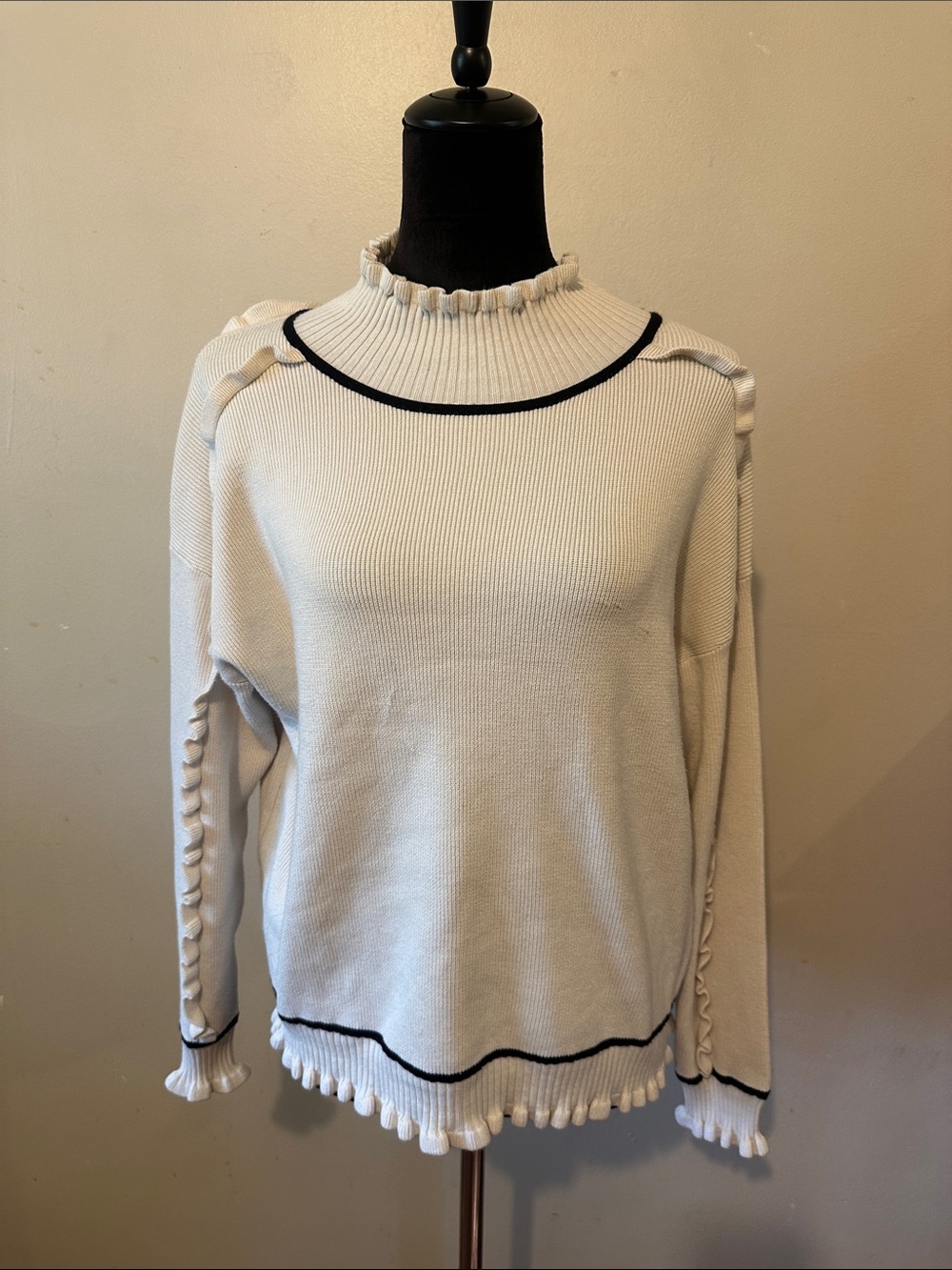 Adrianna Papell Cream Long Sleeve Sweater with Black Piping and Ruffle Trim